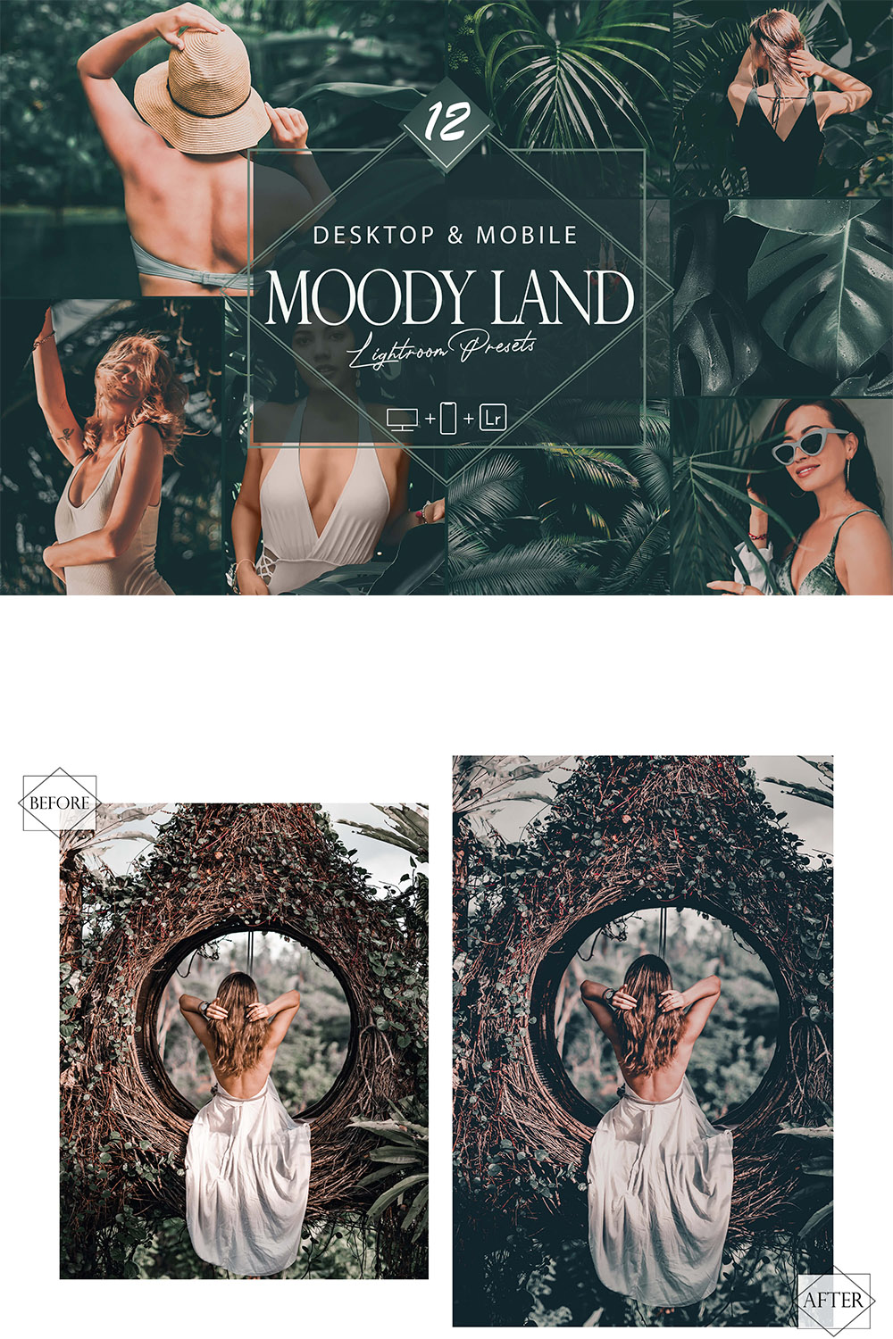 12 Moody Land Lightroom Presets, Natural Mobile Preset, Tropical Model Desktop LR Filter DNG Portrait Lifestyle Theme Blogger Instagram Home pinterest preview image.