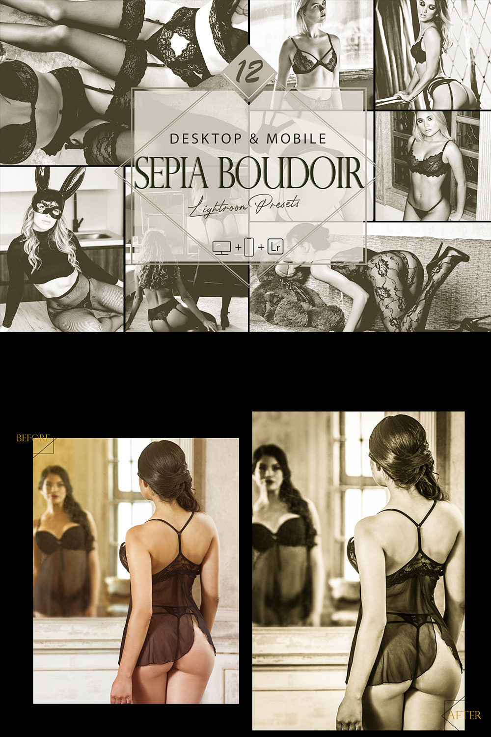 12 Sepia Boudoir Lightroom Presets, Warm Sexy Mobile Preset, Monocolor Desktop Filter DNG Portrait Lifestyle Top Theme Blogger Instagram pinterest preview image.