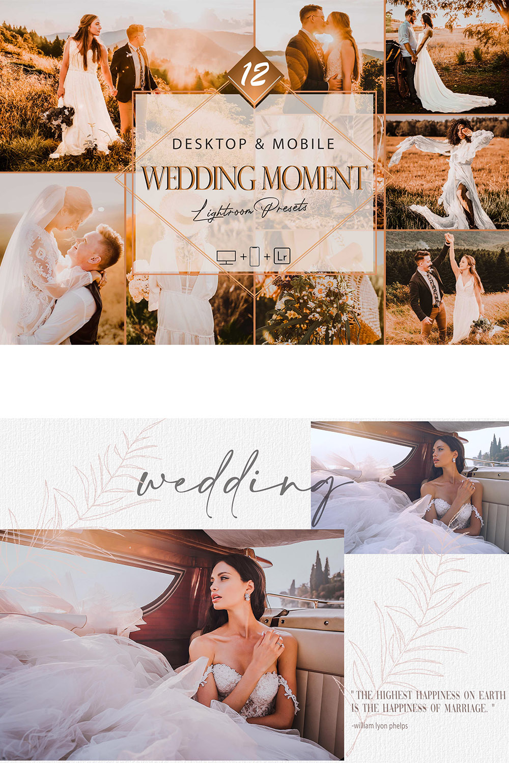 12 Wedding Moment Lightroom Presets, Golden Hour Mobile Preset, Rustic Desktop LR Filter DNG Portrait Lifestyle Theme Blogger Instagram Sea pinterest preview image.