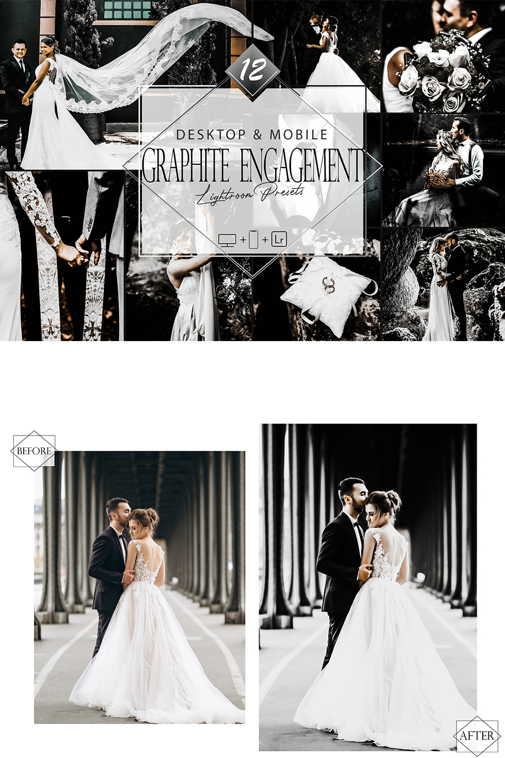 12 Graphite Engagement Lightroom Presets, Wedding Mobile Preset, Monocolor Moody Desktop LR Filter DNG Portrait Lifestyle Top Theme Blogger Instagram pinterest preview image.