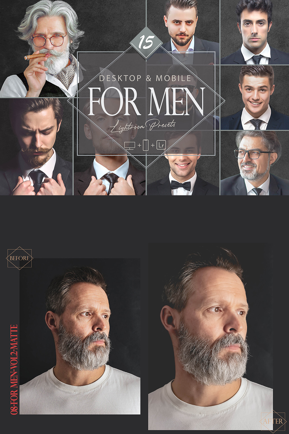 15 For Men Lightroom Presets, Gentleman Mobile Preset, Retouch Bright Desktop LR Filter DNG Portrait Lifestyle Theme Blogger Instagram Face pinterest preview image.