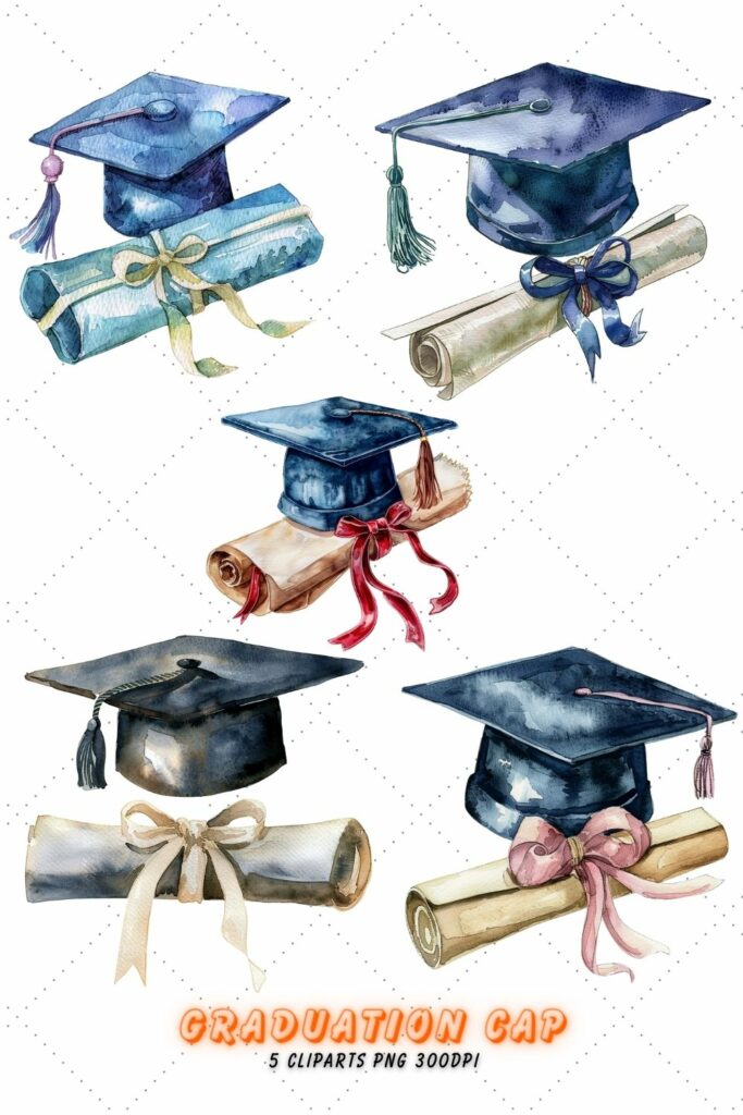 Watercolor graduation cap and diploma Clipart Bundle, diploma clipart ...
