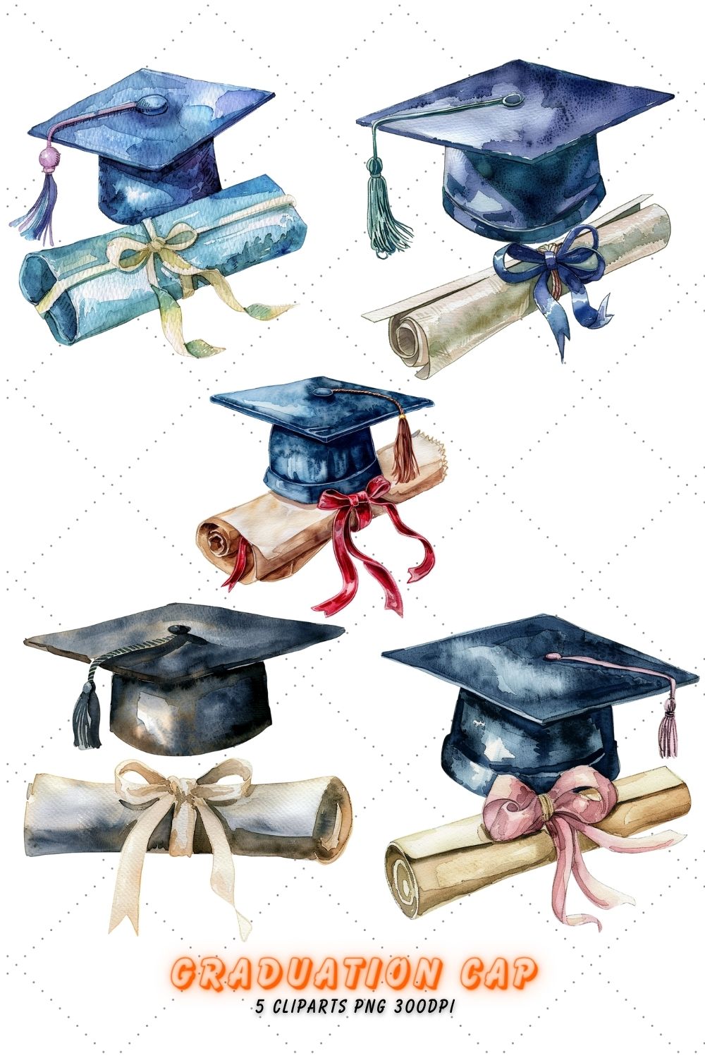 Watercolor graduation cap and diploma Clipart Bundle, diploma clipart png, diploma art, graduation illustration, graduation cap and diploma drawing, graduation cap watercolor, diploma drawing pinterest preview image.