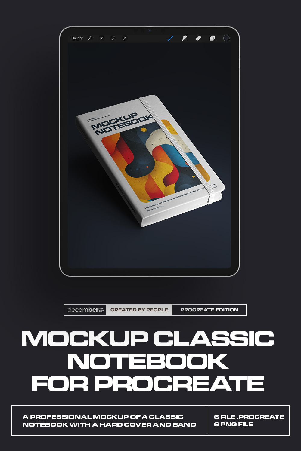 6 Mockups of Classic Notebook with Band and Hard Cover for Procreate pinterest preview image.