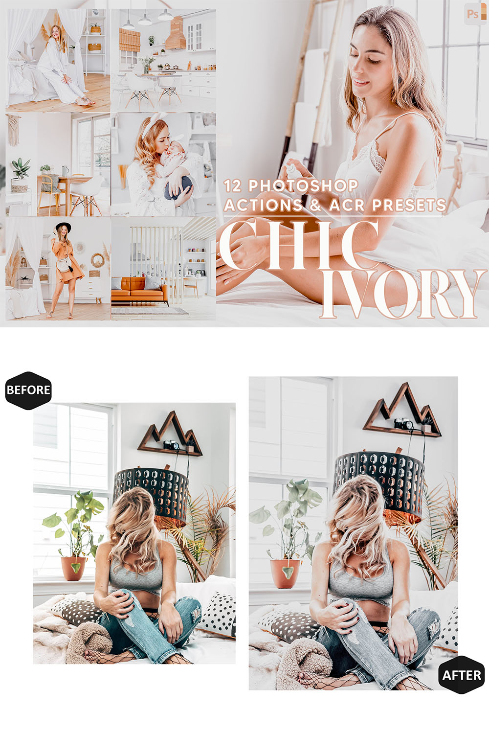 12 Photoshop Actions, Chic Ivory Ps Action, Bright ACR Preset, Bohemian Ps Filter, Atn Portrait And Lifestyle Theme For Instagram, Blogger pinterest preview image.