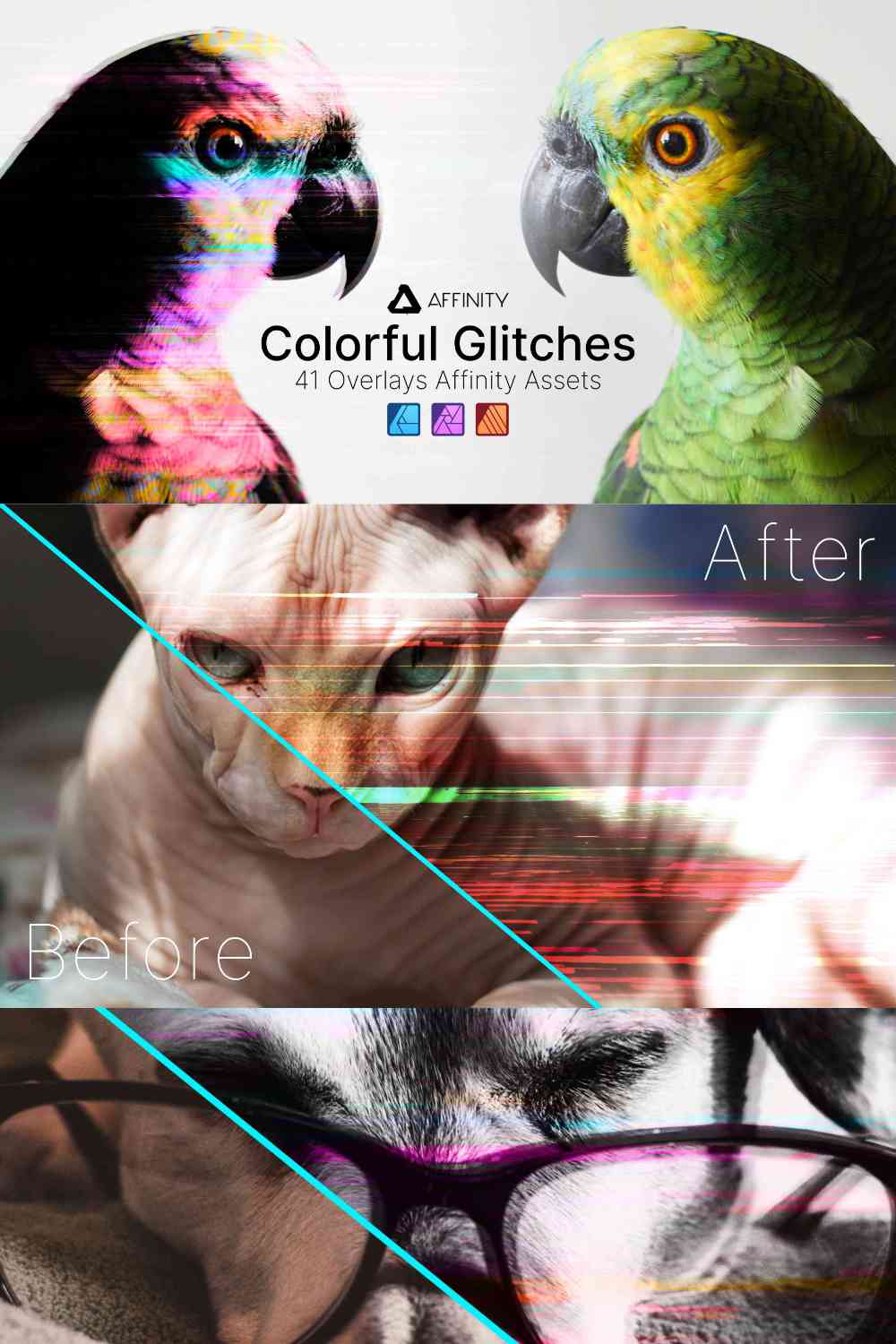 Affinity Photo, Designer & Publisher Add-ons Colorful Glitches Assets pinterest preview image.