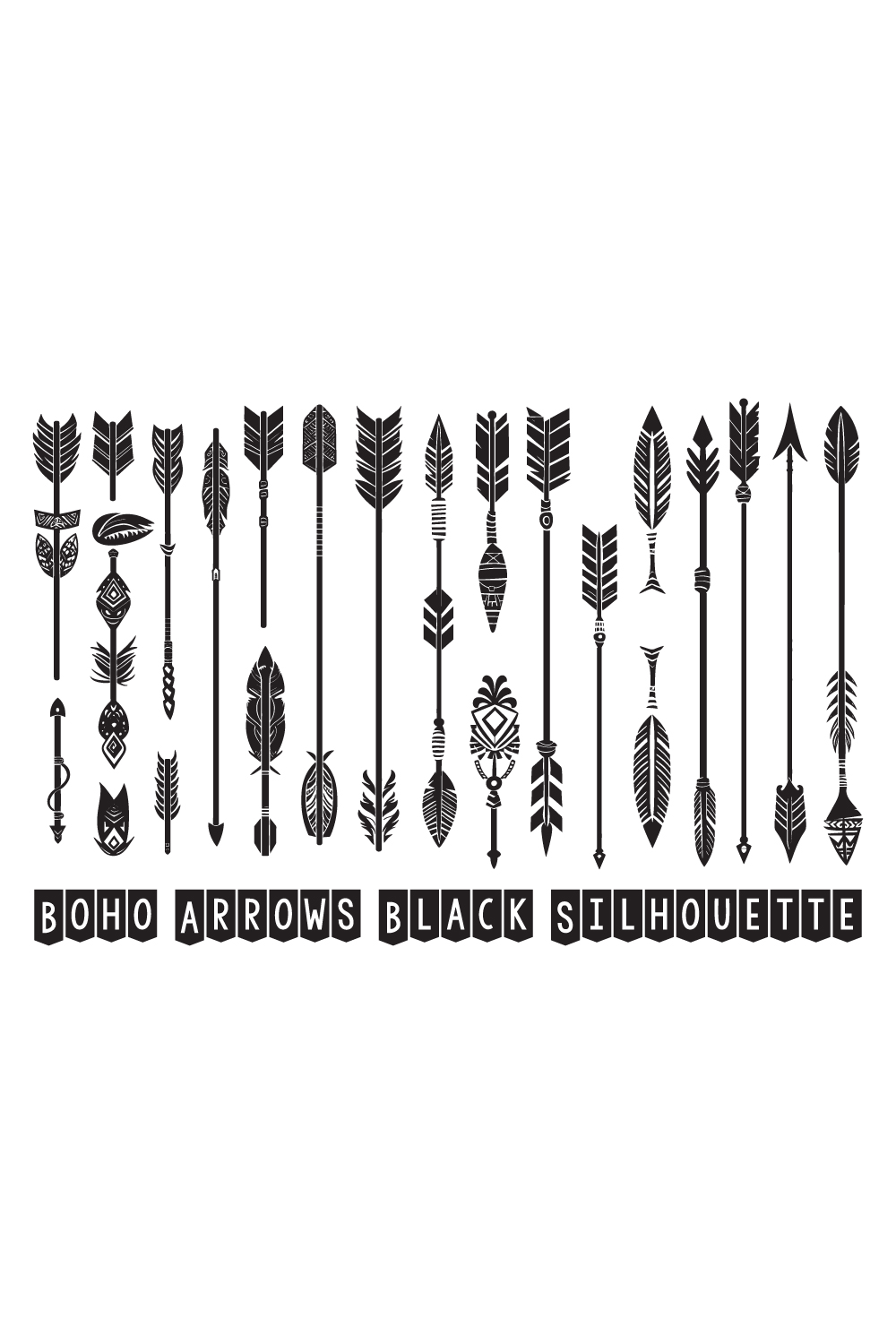 Boho arrows black silhouette, Arrow Feather Moon Illustrations pinterest preview image.
