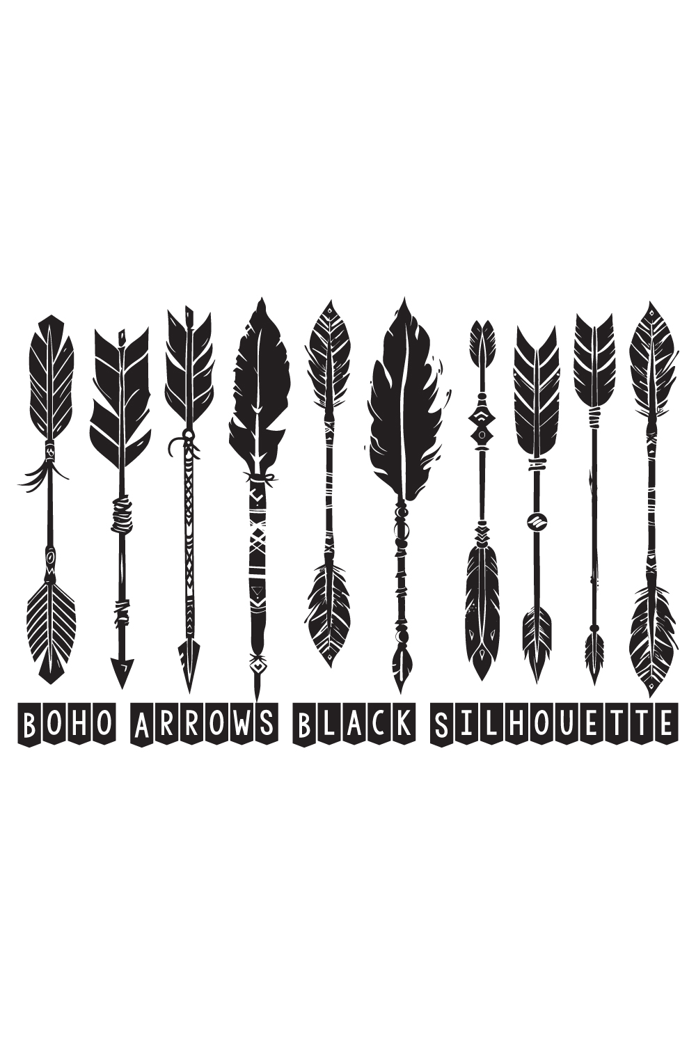 Boho arrows black silhouette, Arrow Feather Moon Illustrations pinterest preview image.