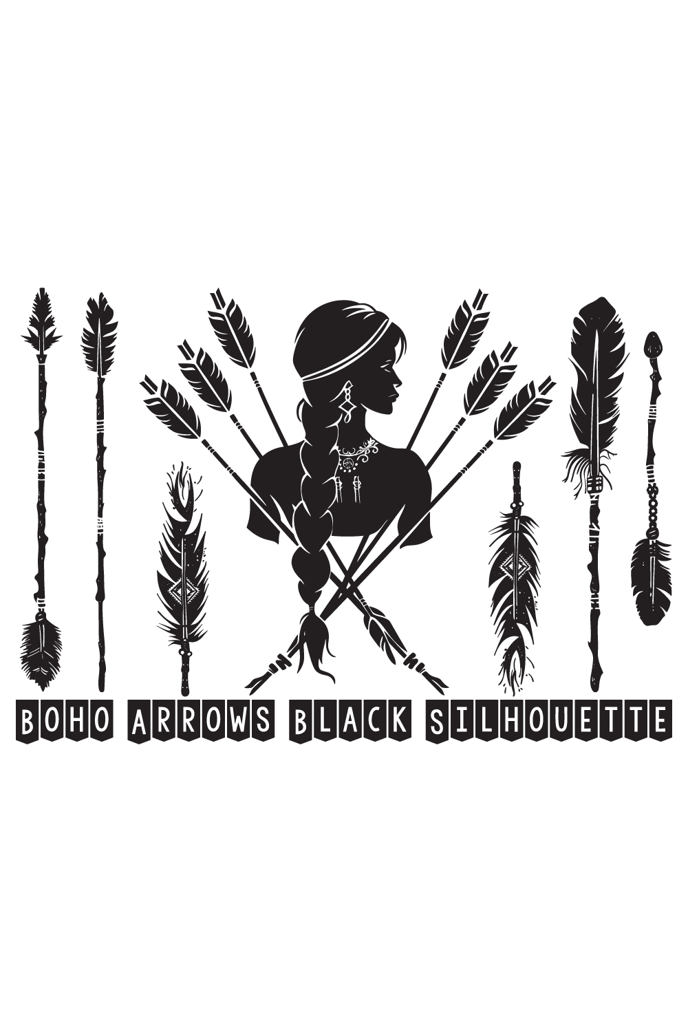 Boho arrows black silhouette, Arrow Feather Moon Illustrations pinterest preview image.