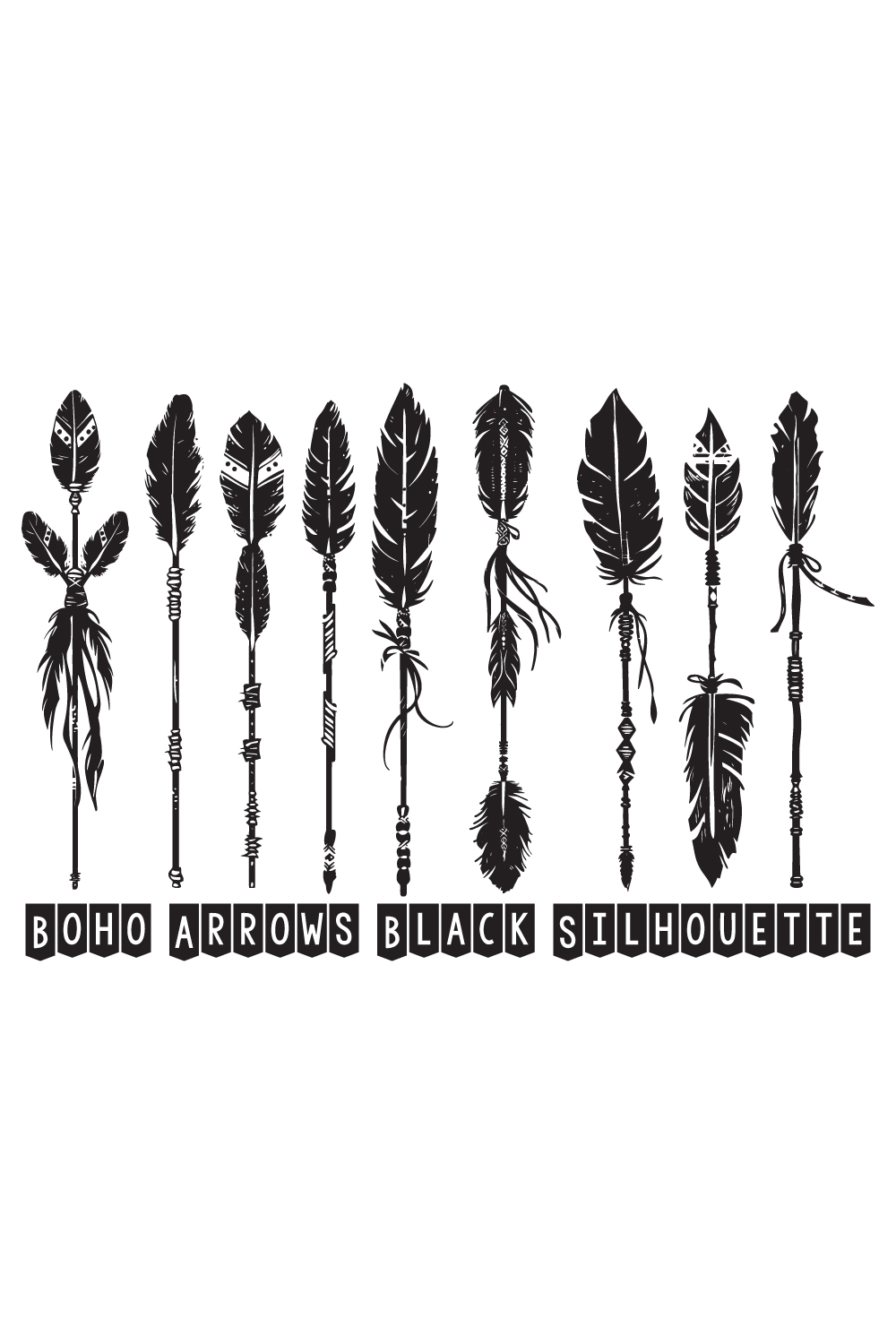 Boho arrows black silhouette, Arrow Feather Moon Illustrations pinterest preview image.