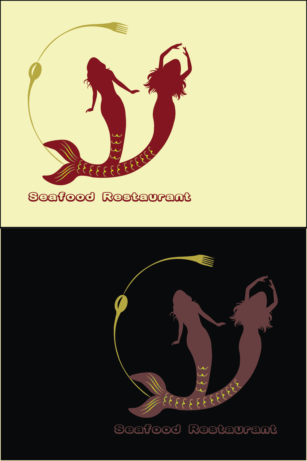 Seafood logo, Restaurant logo, Mermaid logo pinterest preview image.