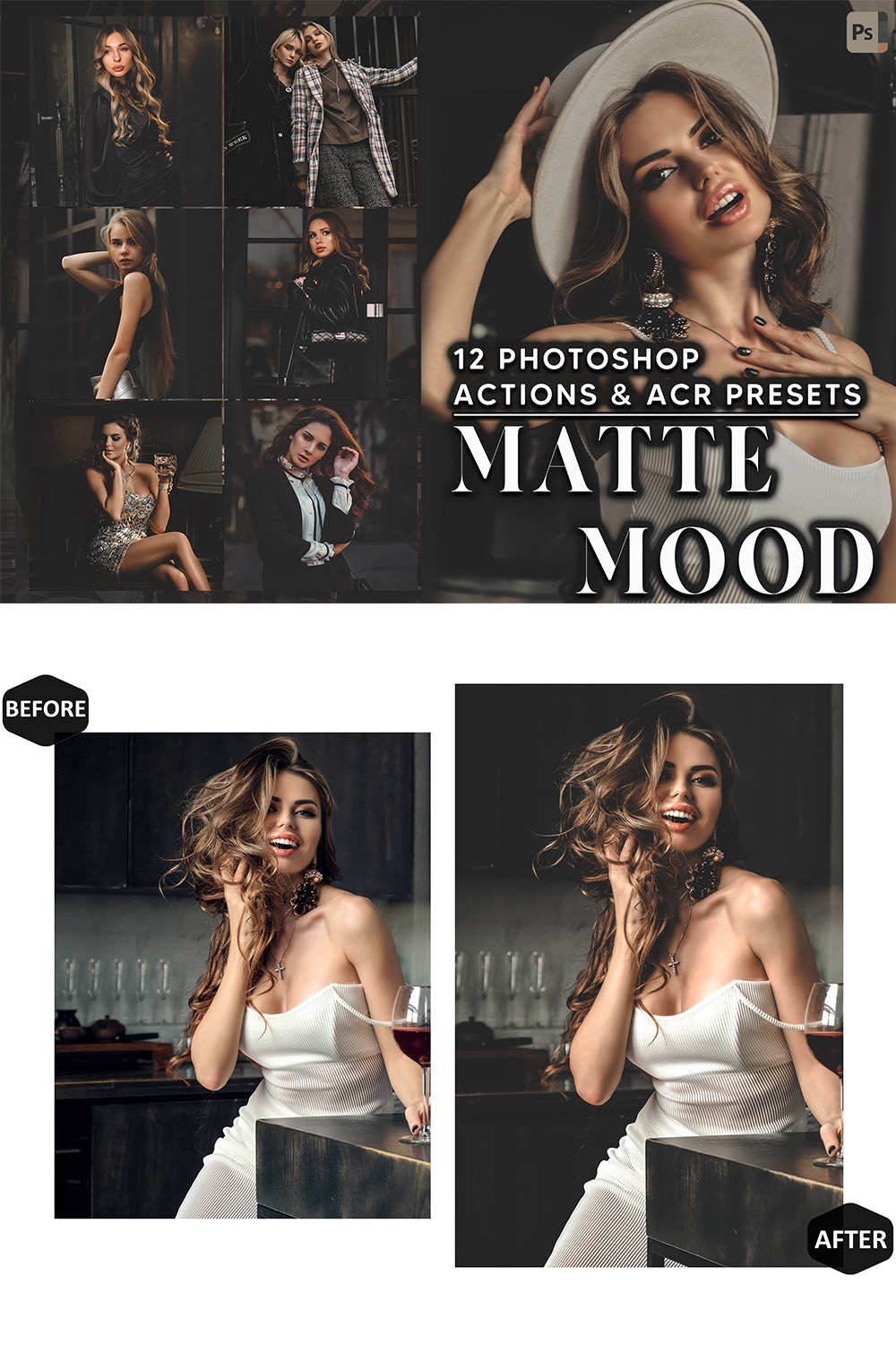 12 Photoshop Actions, Matte Mood Ps Action, Moody ACR Preset, Spring Dark Ps Filter, Atn Portrait And Lifestyle Theme For Instagram, Blogger pinterest preview image.