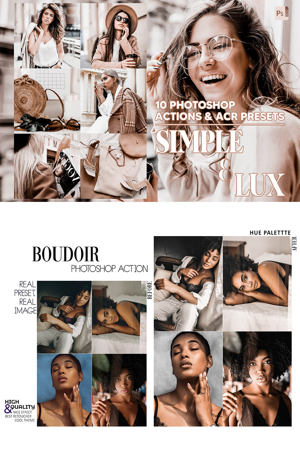 10 Photoshop Actions, Simple & Lux Ps Action, Brown ACR Preset, Chic Ps Filter, Atn Portrait And Lifestyle Theme For Instagram, Blogger pinterest preview image.