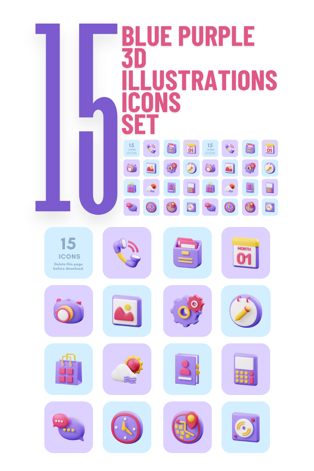 Blue Purple 3D Illustrations Icons Set pinterest preview image.