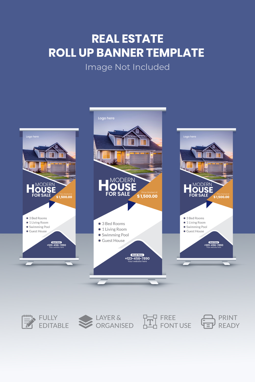 Modern and colorful Roll-up banner design template pinterest preview image.
