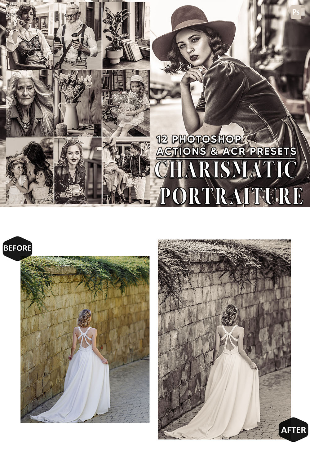 12 Photoshop Actions, Charismatic Portraiture Ps Action, Vintage ACR Preset, Sepia Ps Filter, Atn Portrait And Lifestyle Theme For Instagram, Blogger pinterest preview image.