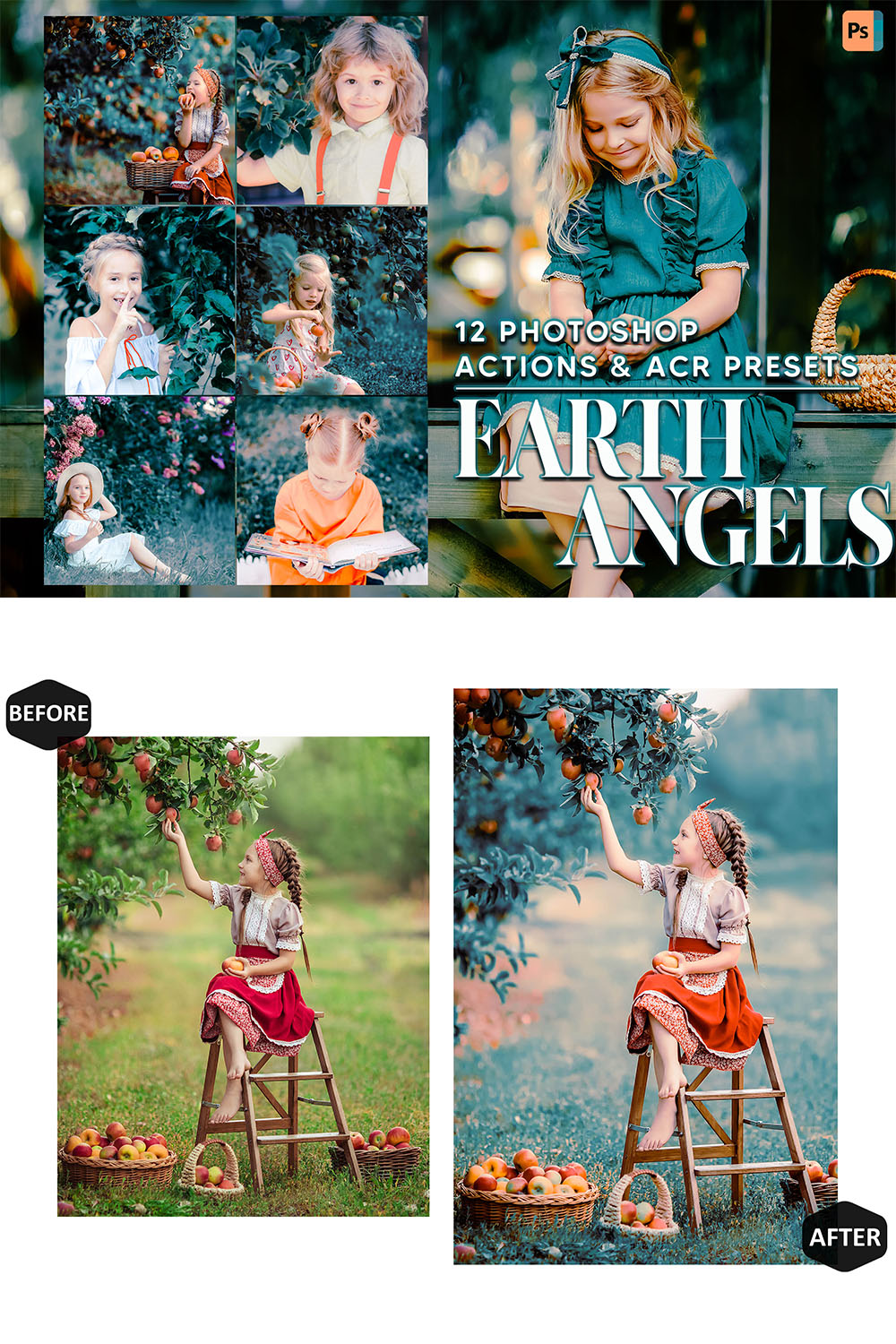 12 Photoshop Actions, Earth Angels Ps Action, Children ACR Preset, Bluish Ps Filter, Portrait And Lifestyle Theme For Instagram, Blogger pinterest preview image.