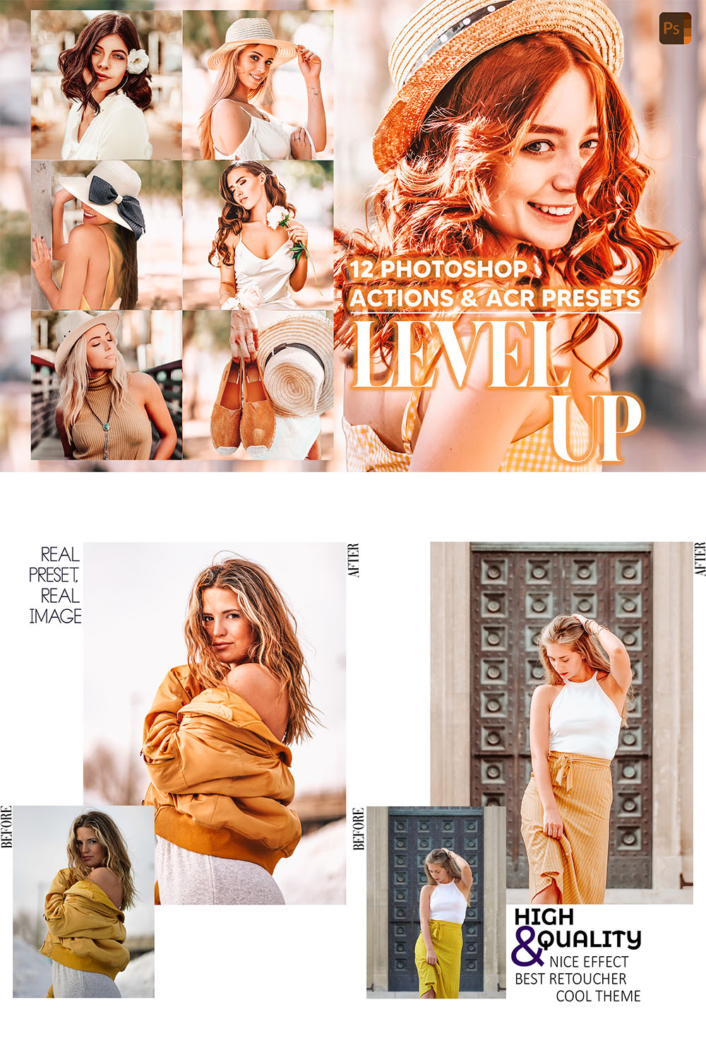 12 Photoshop Actions, Level Up Ps Action, Spring Warm ACR Preset, Woman Bright Ps Filter, Atn Portrait Lifestyle Theme Instagram, Blogger pinterest preview image.