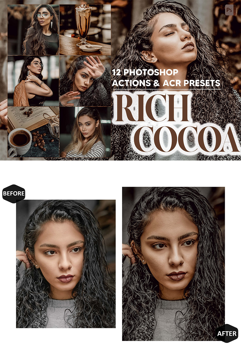 12 Photoshop Actions, Rich Cocoa Ps Action, Brown ACR Preset, Hot Coffee Ps Filter, Atn Portrait And Lifestyle Theme For Instagram, Blogger pinterest preview image.