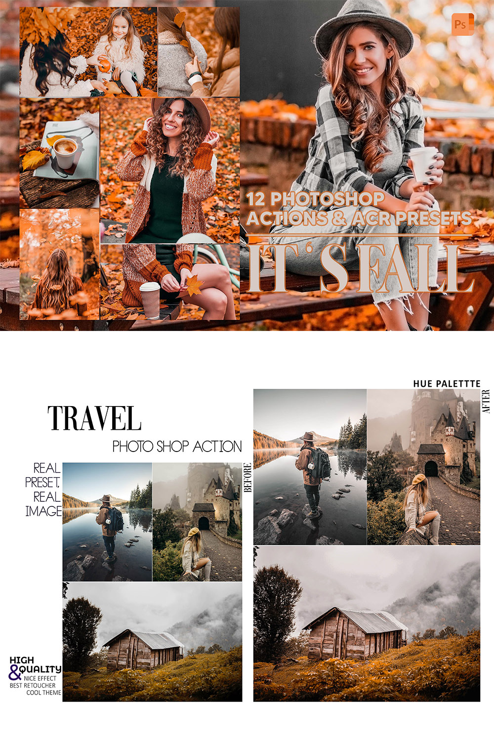 12 Photoshop Actions, It's Fall Ps Action, Autumn ACR Preset, Halloween Ps Filter, Atn Portrait And Lifestyle Theme For Instagram, Blogger pinterest preview image.