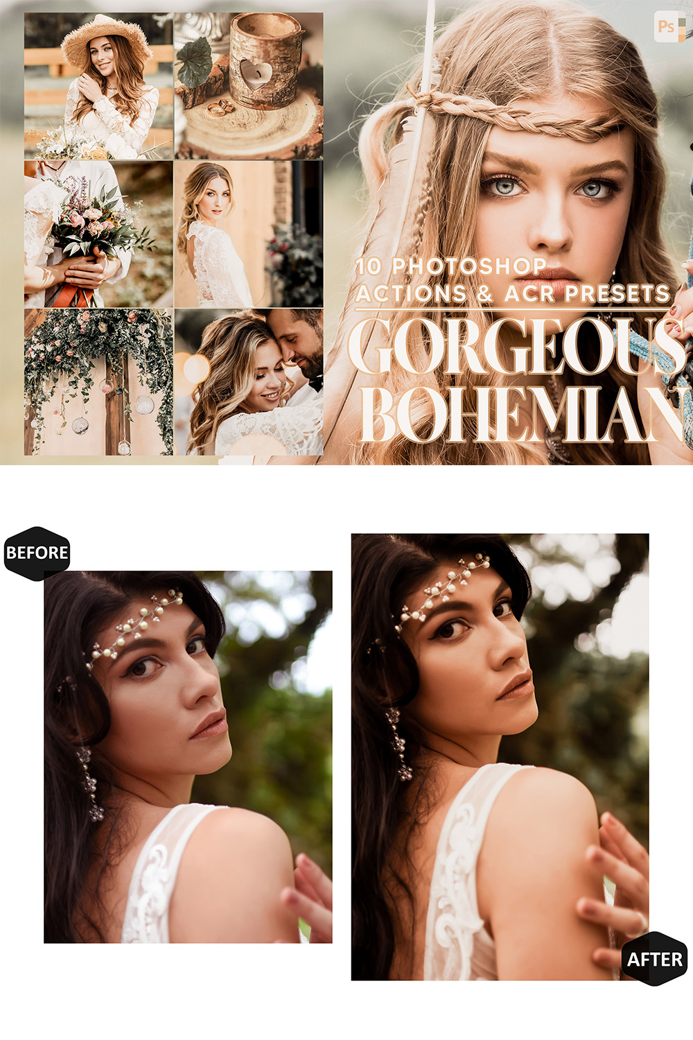 10 Photoshop Actions, Gorgeous Bohemian Ps Action, Bright Wedding ACR Preset, Romantic Ps Filter, Portrait And Lifestyle Theme For Instagram, Blogger pinterest preview image.