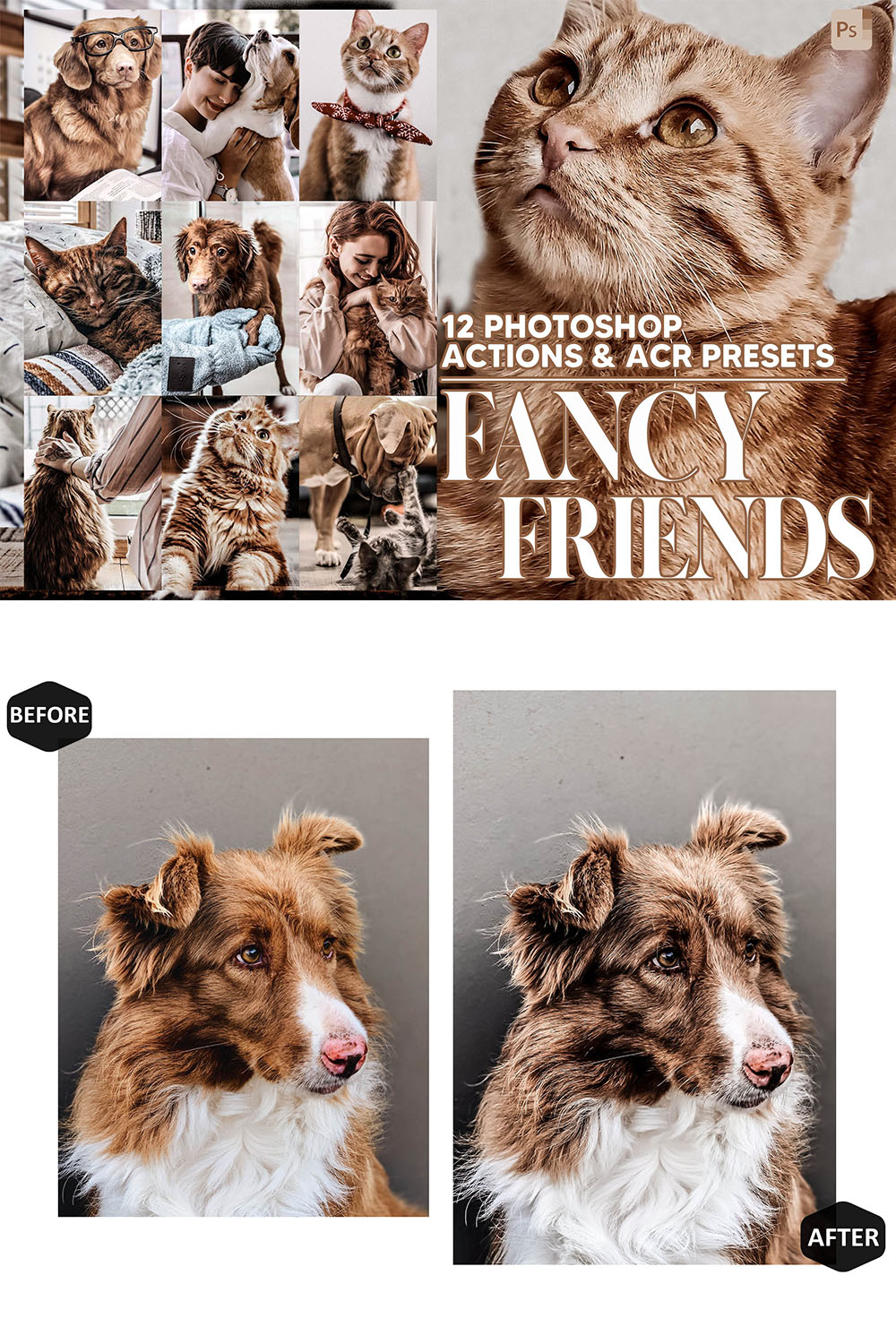 12 Photoshop Actions, Fancy Friends Ps Action, Animal ACR Preset, Doggie Ps Filter, Atn Portrait And Lifestyle Theme For Instagram, Blogger pinterest preview image.