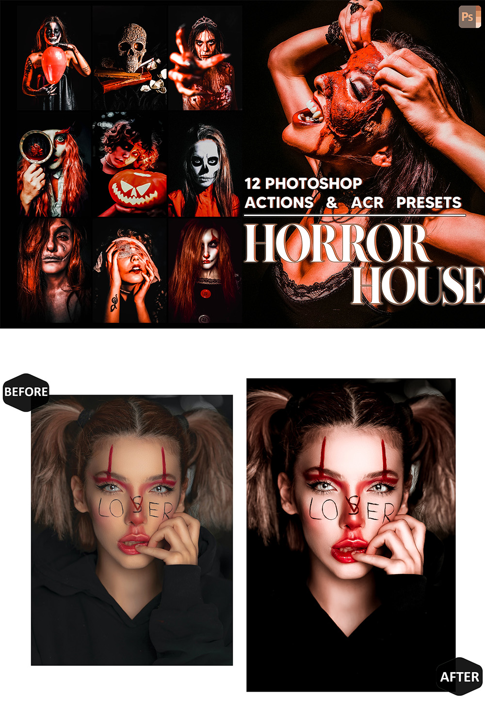 12 Photoshop Actions, Horror House Ps Action, Night ACR Preset, Glamour Ps Filter, Atn Portrait And Lifestyle Theme For Instagram, Blogger pinterest preview image.