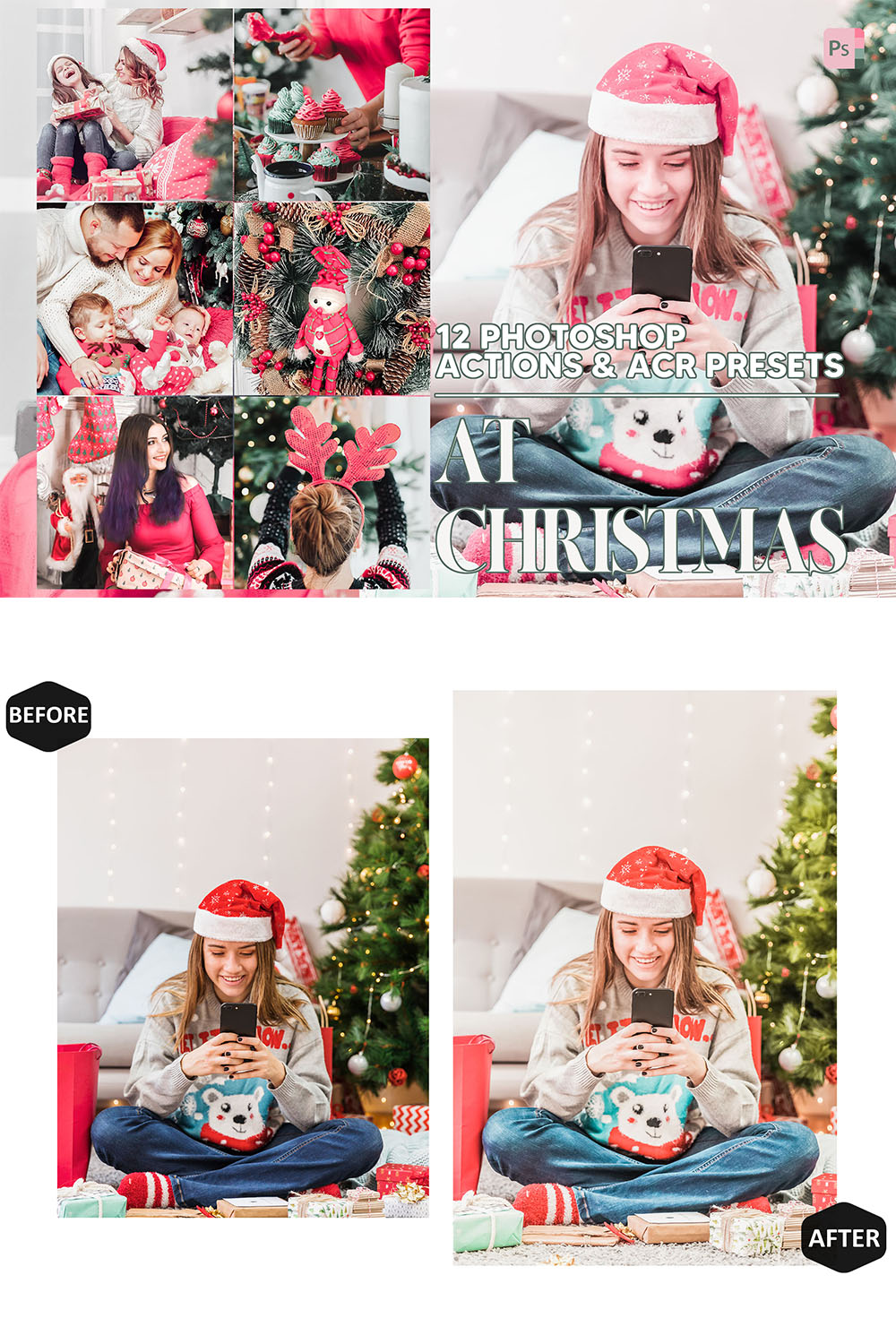 12 Photoshop Actions, At Christmas Ps Action, Winter ACR Preset, Bright Ps Filter, Atn Portrait And Lifestyle Theme For Instagram, Blogger pinterest preview image.