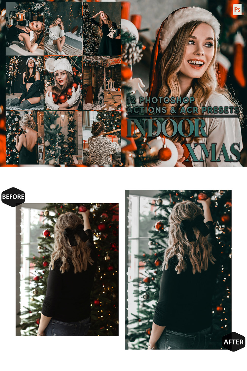 12 Photoshop Actions, Indoor Xmas Ps Action, Christmas ACR Preset, Holiday Ps Filter, Atn Portrait And Lifestyle Theme For Instagram, Blogger pinterest preview image.