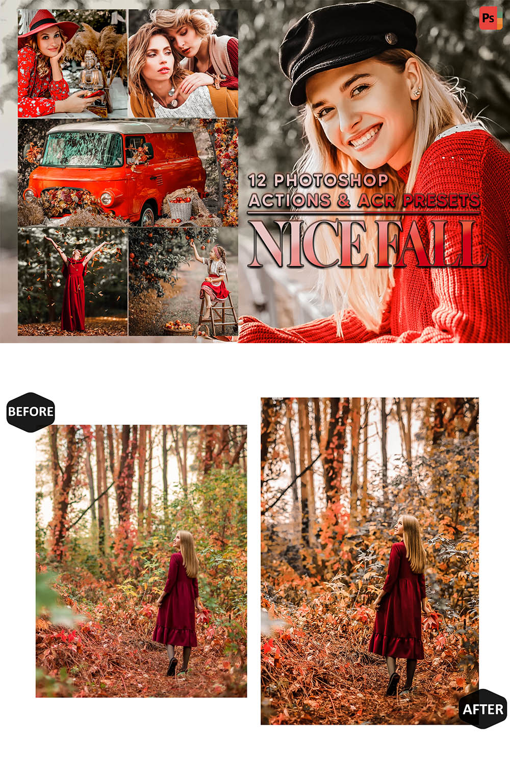 12 Photoshop Actions, Nice Fall Ps Action, Autumn Leaf ACR Preset, Fall Moody Ps Filter, Portrait And Lifestyle Theme For Instagram, Blogger pinterest preview image.