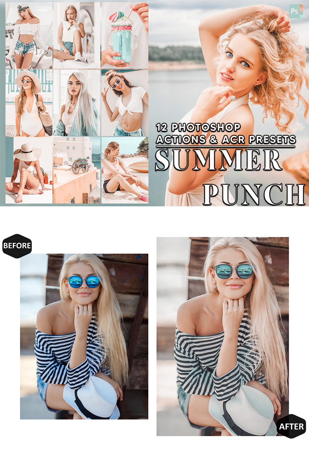 12 Photoshop Actions, Summer Punch Ps Action, Orange Skin ACR Preset, Bright Ps Filter, Atn Portrait And Lifestyle Theme For Instagram, Blogger pinterest preview image.