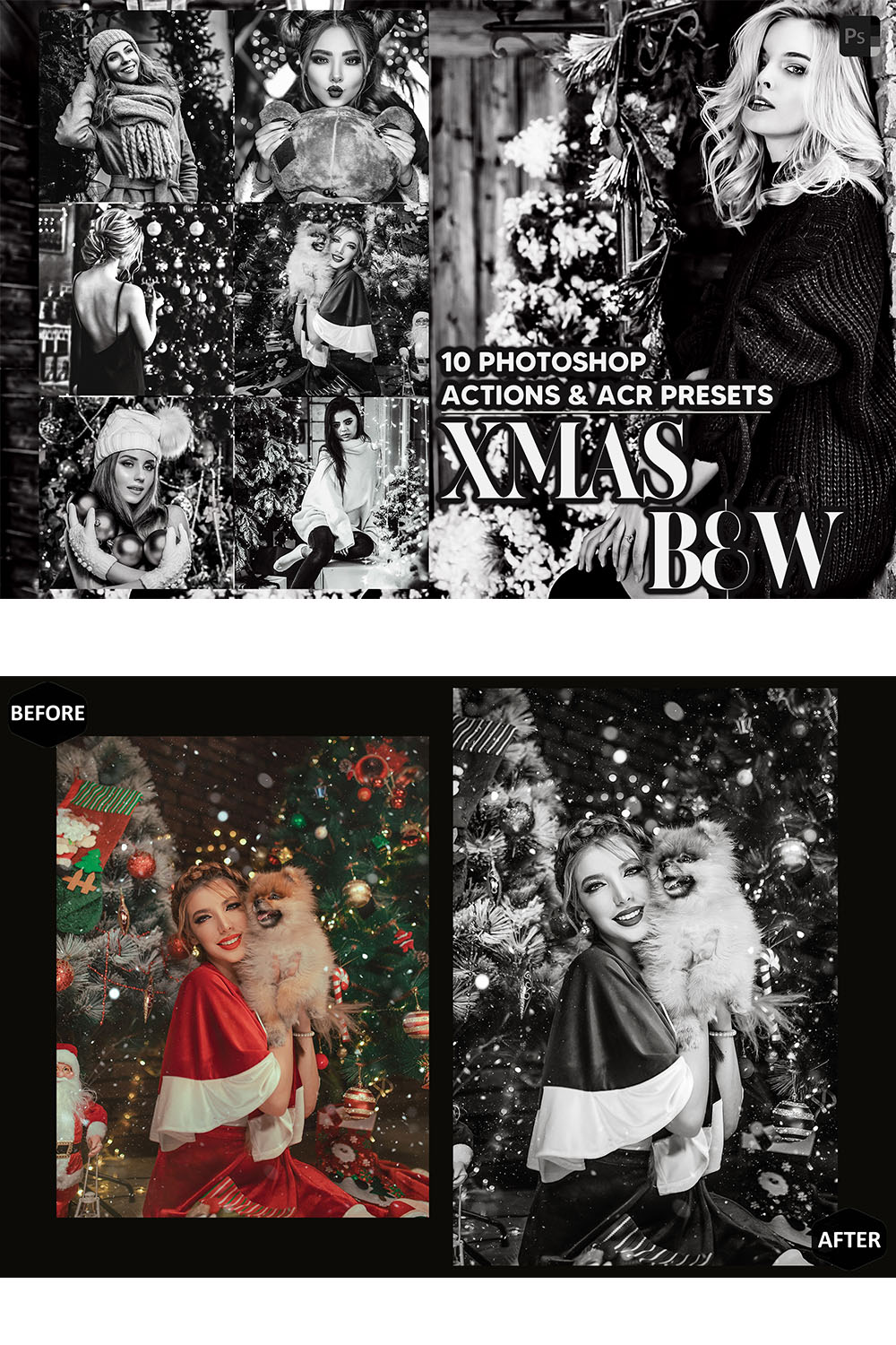 10 Photoshop Actions, Xmas B&W Ps Action, Black & White ACR Preset, Christmas Ps Filter, Atn Portrait And Lifestyle Theme Instagram Blogger pinterest preview image.