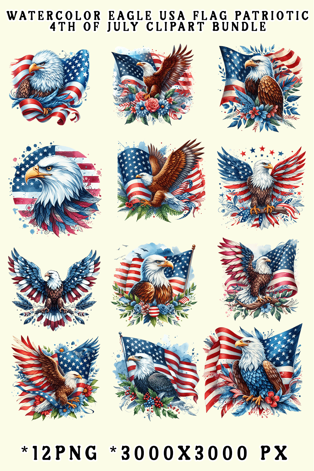 Watercolor 4th of July USA Patriotic Eagle Flag Sublimation Clipart pinterest preview image.