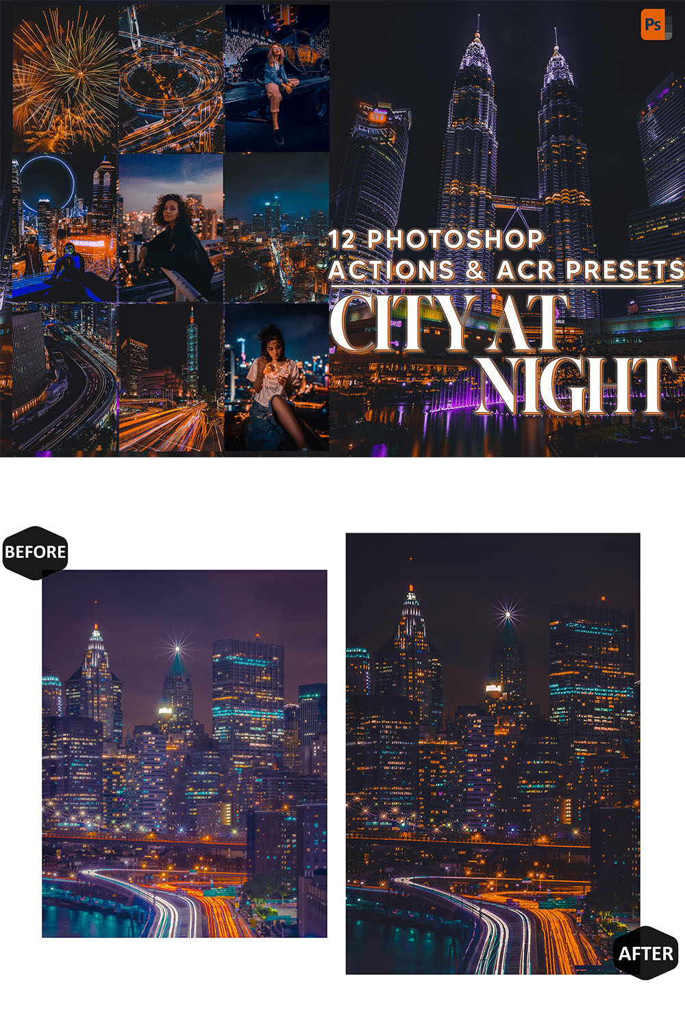 12 Photoshop Actions, City At Night Ps Action, Moody Urban ACR Preset, Orange Street Ps Filter, Atn Portrait And Lifestyle Theme For Instagram, Blogger pinterest preview image.