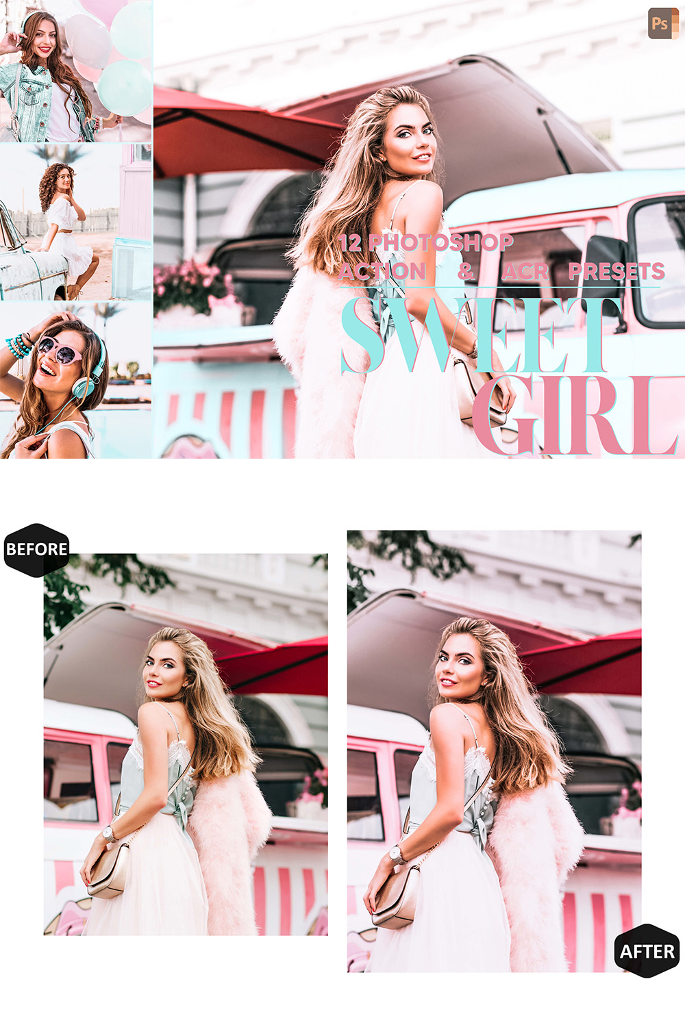 12 Photoshop Actions, Sweet Girl Ps Action, Light ACR Preset, Colorful Ps Filter, Atn Pictures And style Theme For Instagram, Blogger pinterest preview image.