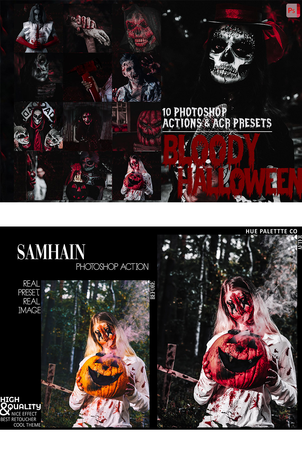 10 Photoshop Actions, Bloody Halloween Ps Action, Deep Moody ACR Preset, Horror Ps Filter, Portrait Atn Blogger Theme Instagram, Lifestyle pinterest preview image.