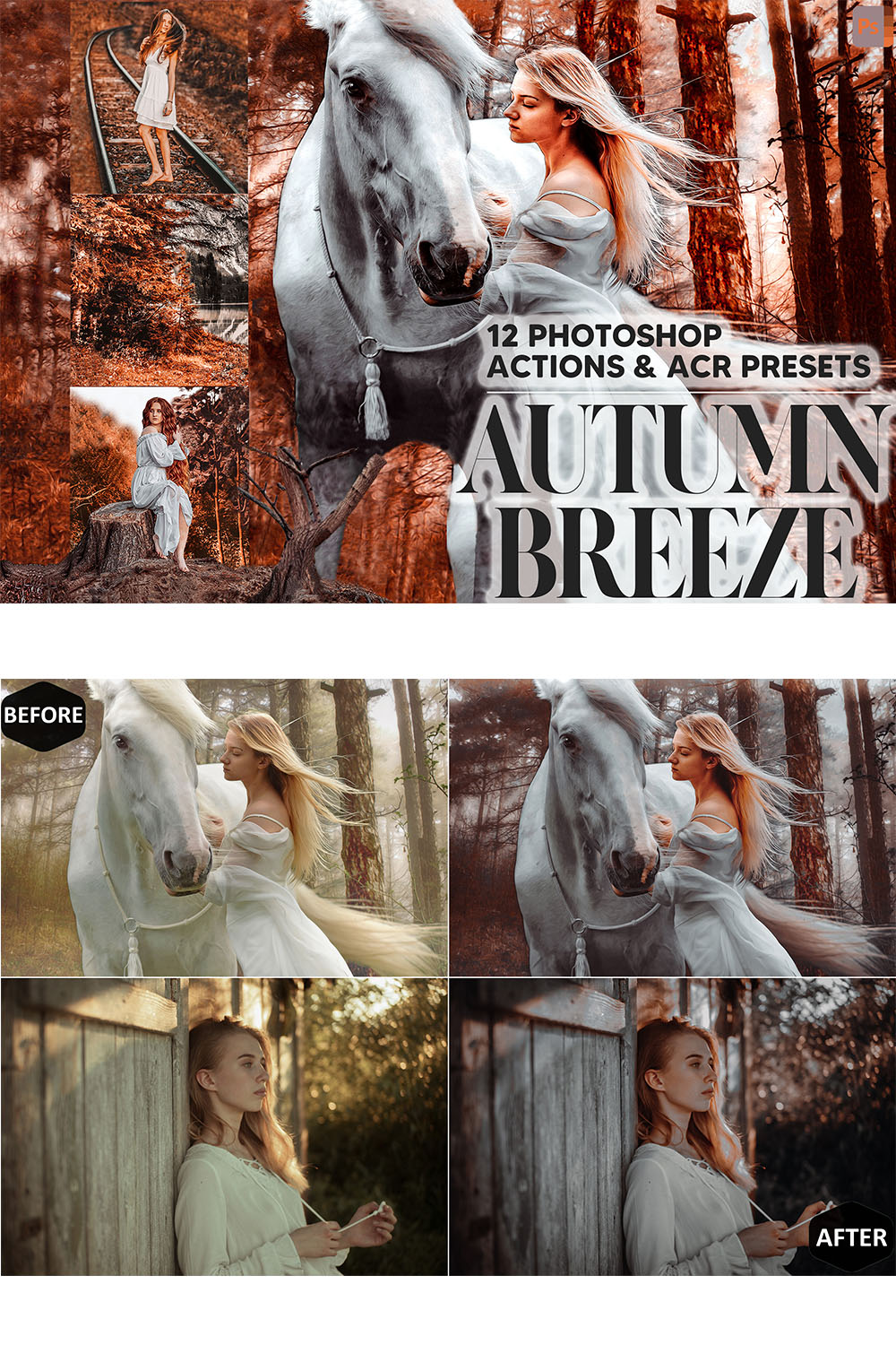 12 Photoshop Actions, Autumn Breeze Ps Action, Fall ACR Preset, Dreamy Ps Filter, Atn Portrait And Lifestyle Theme For Instagram Blogger pinterest preview image.