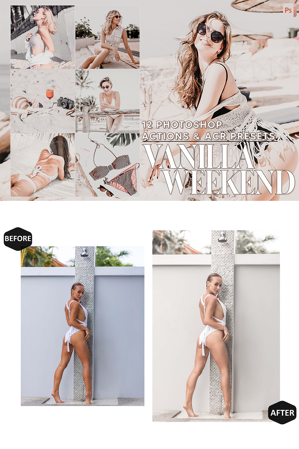 12 Photoshop Actions, Vanilla Weekend Ps Action, Creamy ACR Preset, Luxury Ps Filter, Atn Portrait And Lifestyle Theme For Instagram Blogger pinterest preview image.