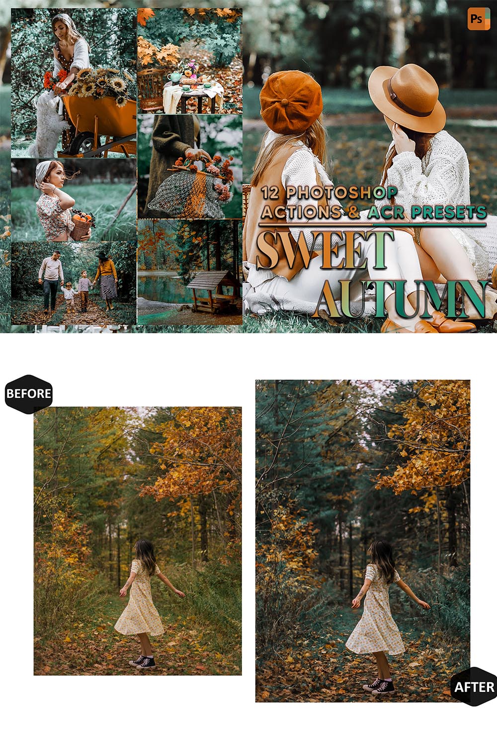 12 Photoshop Actions, Sweet Autumn Ps Action, Woodland ACR Preset, Fall Moody Ps Filter, Portrait And Lifestyle Theme For Instagram, Blogger pinterest preview image.