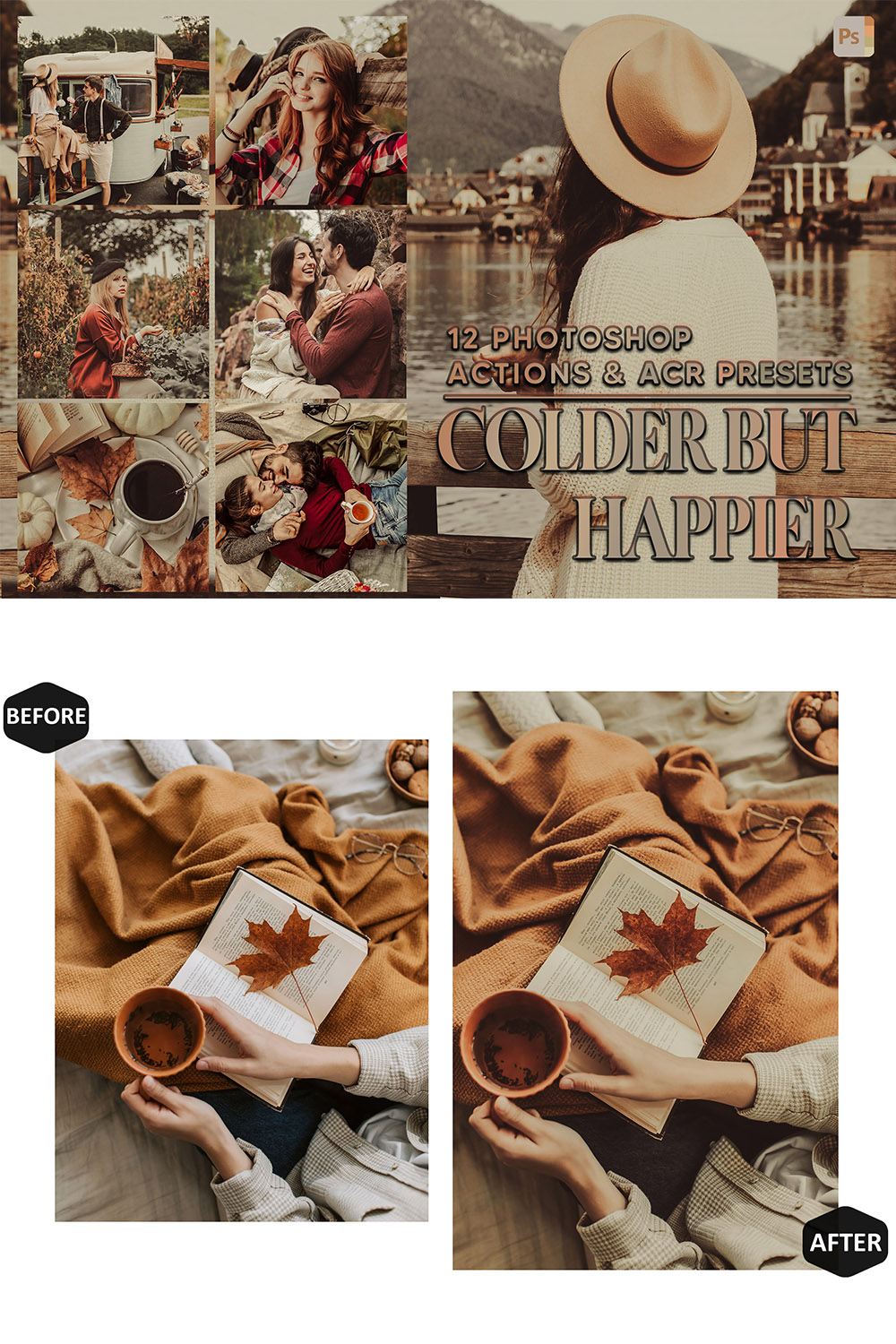 12 Photoshop Actions, Colder But Happier Ps Action, Autumn Bright ACR Preset, Warm Fall Ps Filter, Atn Portrait And Lifestyle Theme For Instagram, Blogger pinterest preview image.