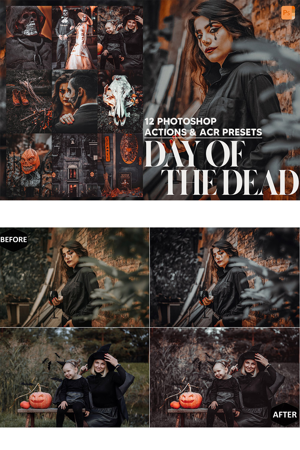 12 Photoshop Actions, Day of the Dead Ps Action, Halloween ACR Preset, Black Orange Ps Filter Atn Portrait Lifestyle Theme Instagram Blogger pinterest preview image.