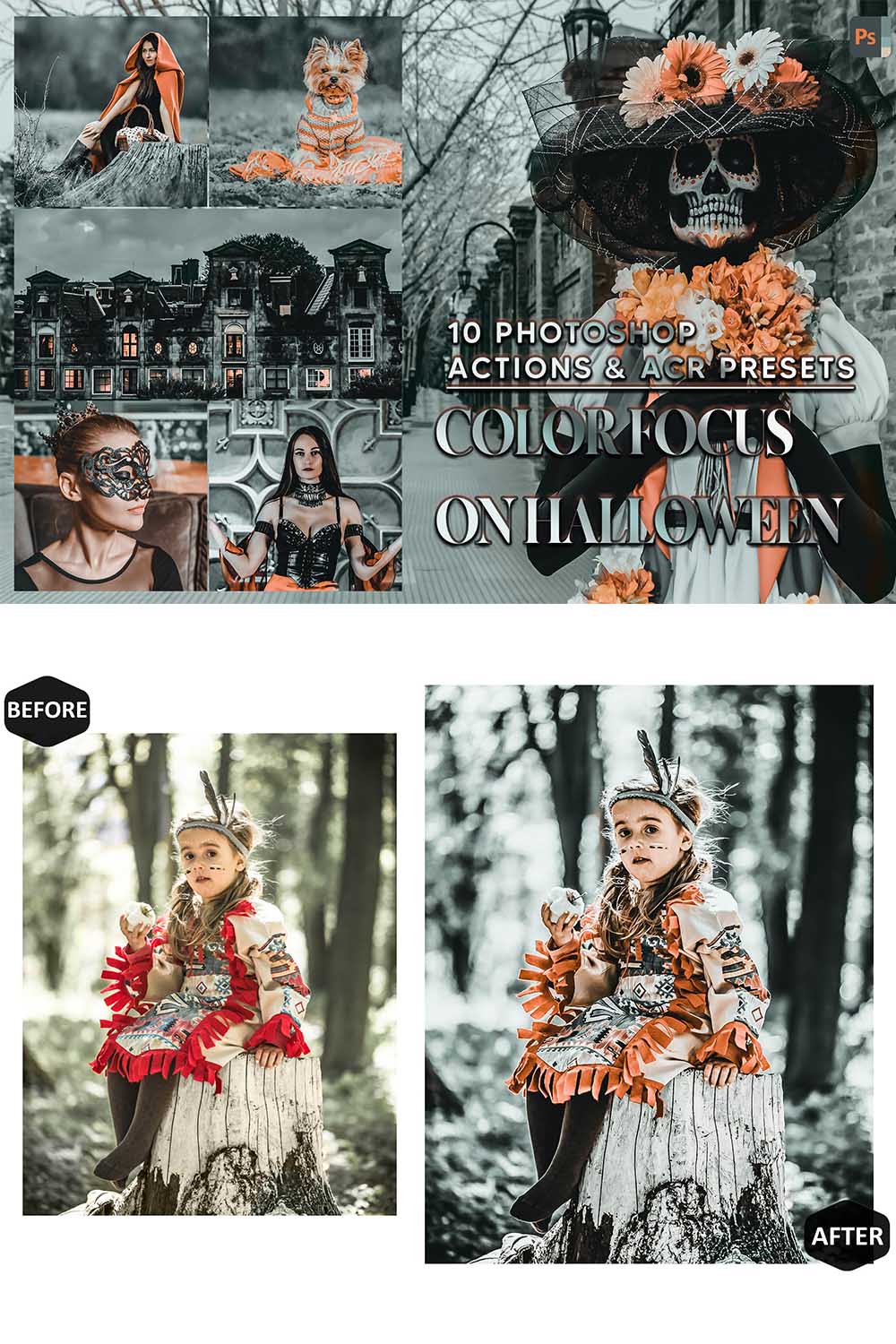 10 Photoshop Actions, Color Focus On Halloween Ps Action, Selective ACR Preset, Fall Ps Filter, Atn Portrait And Lifestyle Theme For Instagram, Blogger pinterest preview image.