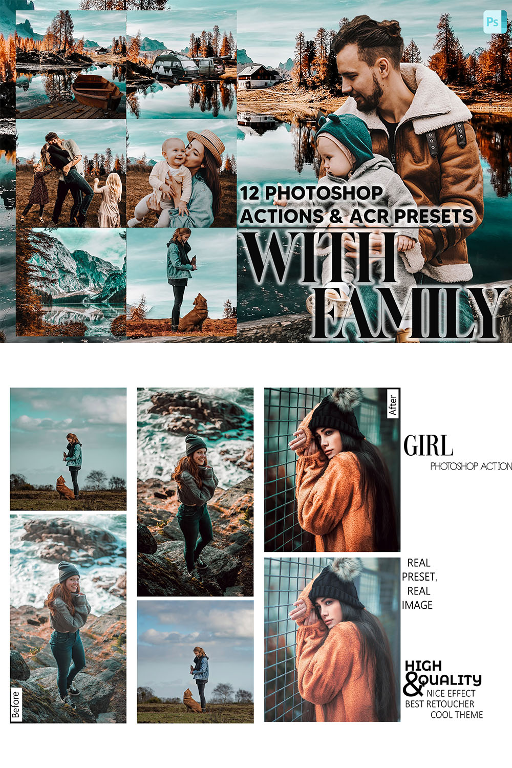 12 Photoshop Actions, With Family Ps Action, Nature ACR Preset, Moody Ps Filter, Atn Portrait And Lifestyle Theme Instagram, Blogger Travel pinterest preview image.
