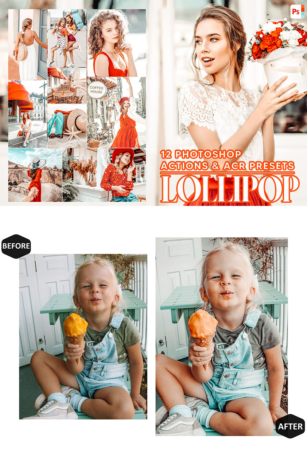 12 Photoshop Actions, Lollipop Ps Action, Bright Summer ACR Preset, Travel Ps Filter, Atn Portrait And Lifestyle Theme For Instagram, Blogger pinterest preview image.