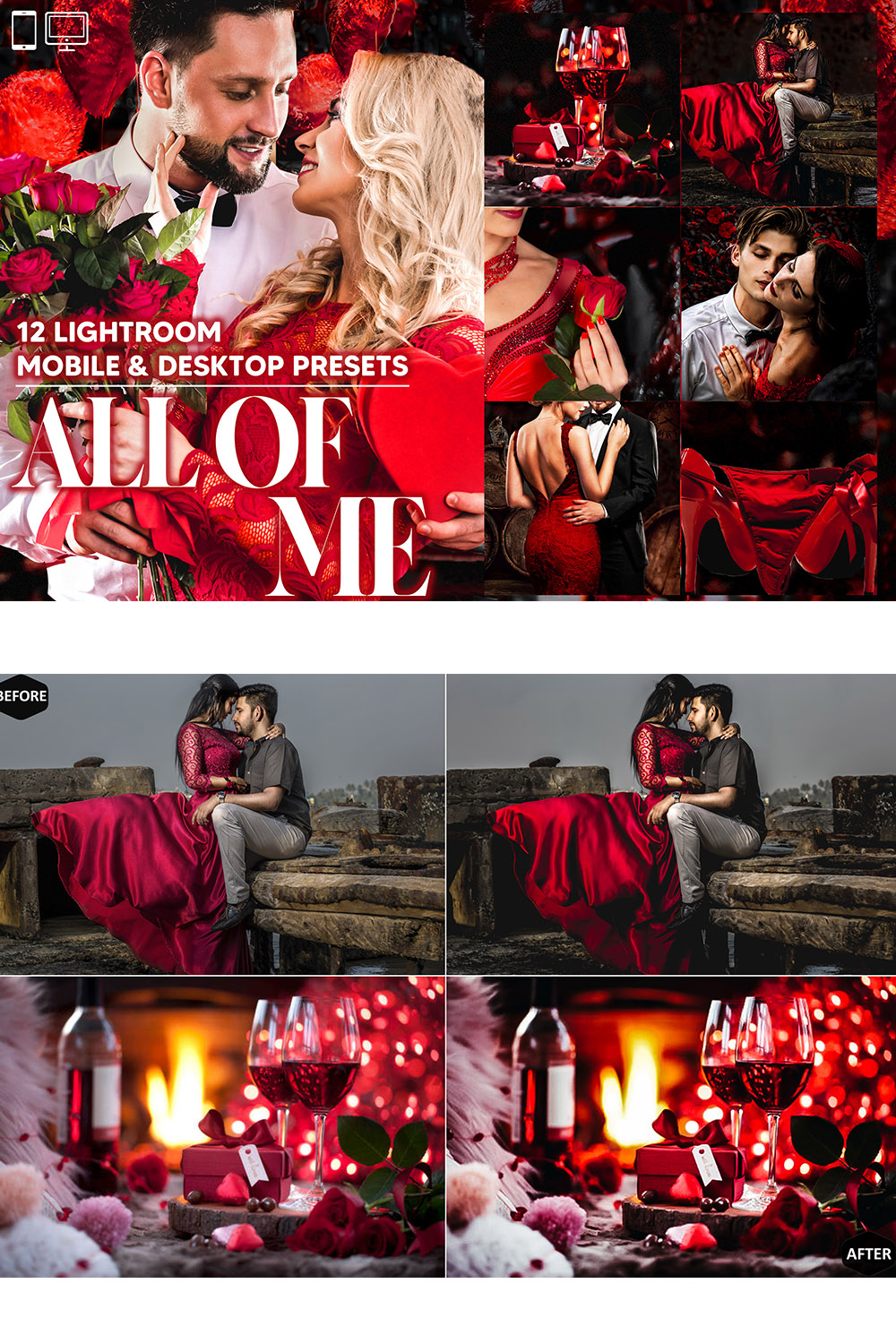 12 Photoshop Actions, All of Me Ps Action, Valentine ACR Preset, Romance Ps Filter, Atn Portrait And Lifestyle Theme Instagram, Blogger Love pinterest preview image.