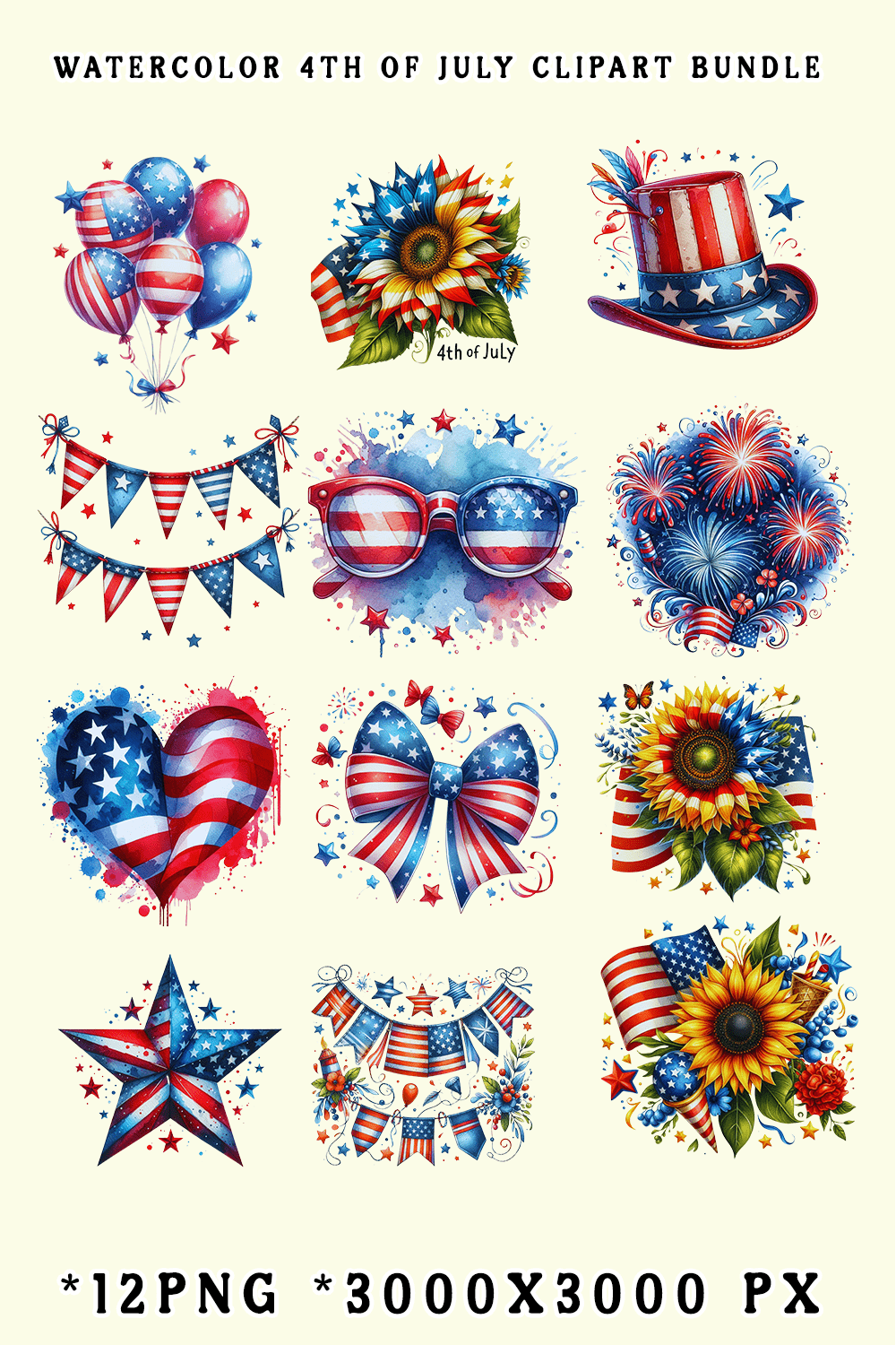 Watercolor 4th Of July Clipart Bundle pinterest preview image.