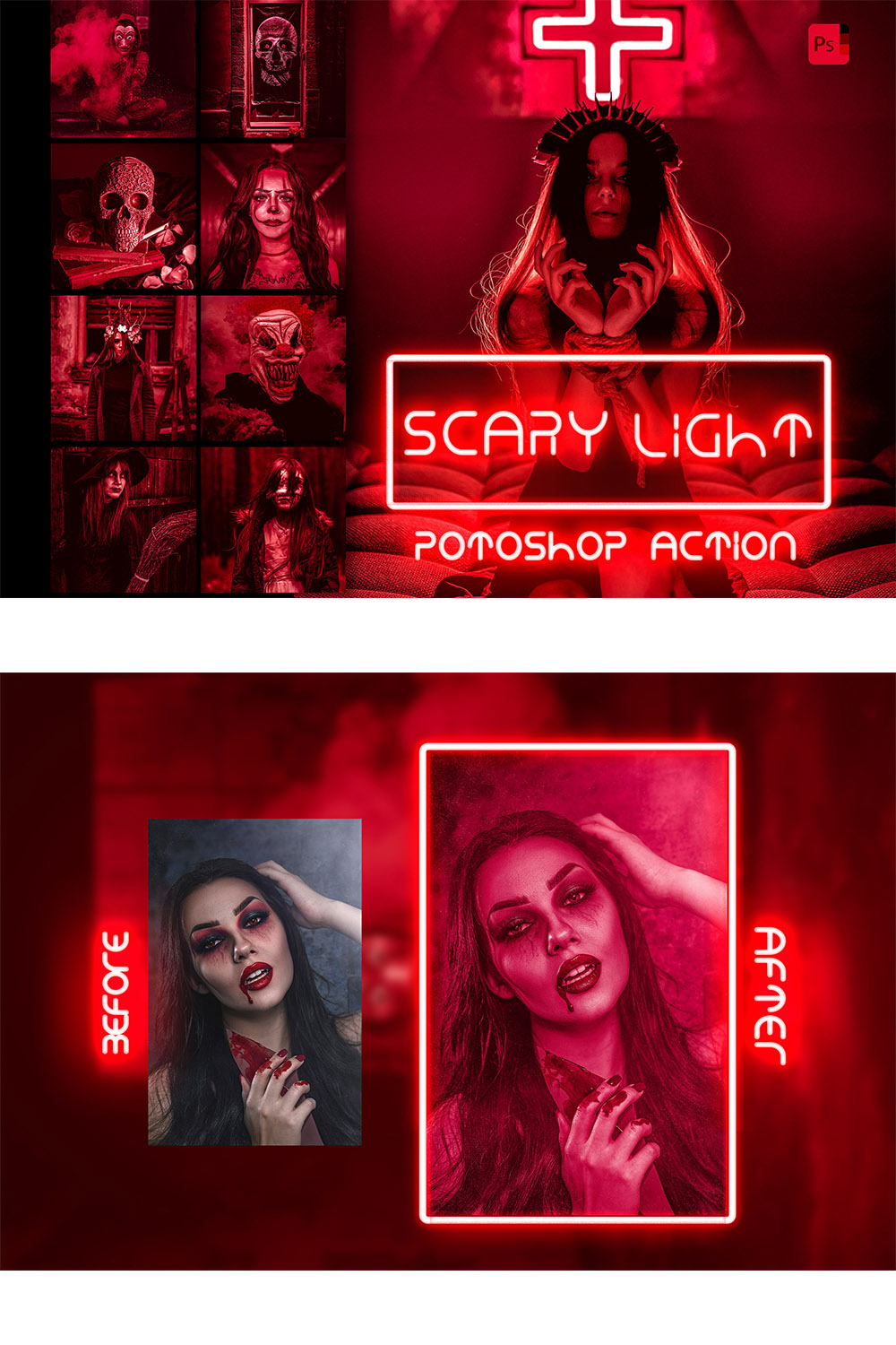 12 Photoshop Actions, Scary Light Ps Action, Spooky ACR Preset, Halloween Ps Filter, Atn Portrait And Lifestyle Theme For Instagram, Blogge pinterest preview image.