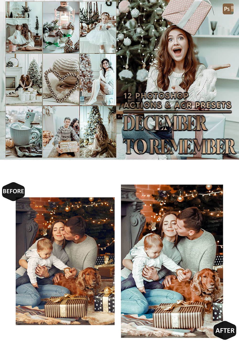 12 Photoshop Actions, December to Remember Ps Action, Brown Xmas ACR Preset, Christmas Ps Filter, Atn Portrait And Lifestyle Theme For Instagram, Blogger pinterest preview image.