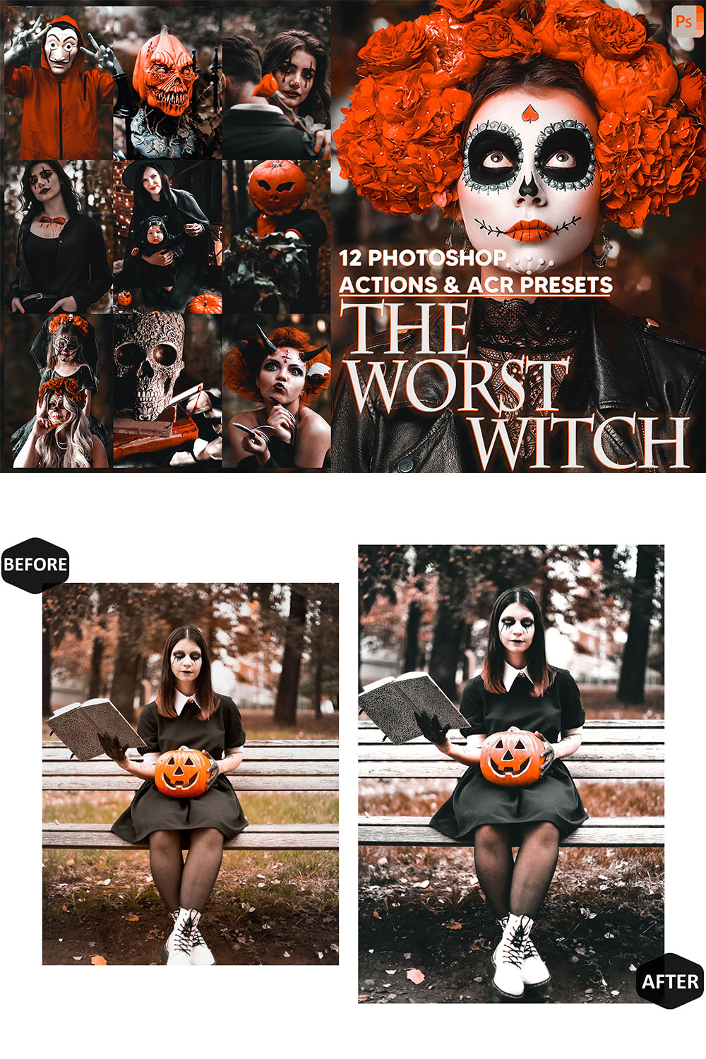 12 Photoshop Actions, The Worst Witch Ps Action, Halloween ACR Preset, Spooky Ps Filter, Atn Portrait And Lifestyle Theme Instagram, Blogger pinterest preview image.