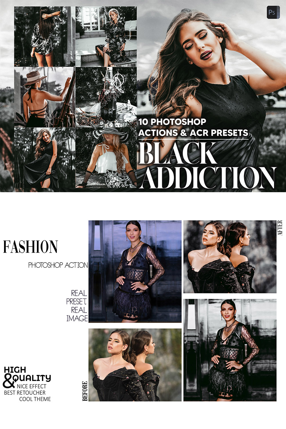 10 Photoshop Actions, Black Addiction Ps Action, Summer Dark ACR Preset, Luxury Ps Filter Atn Portrait And Lifestyle Theme Instagram Blogger pinterest preview image.